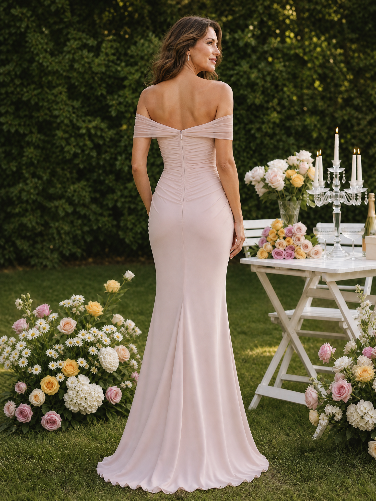 Blush Pink One-Shoulder Mesh-Patched Pleated Mermaid Maxi Dress