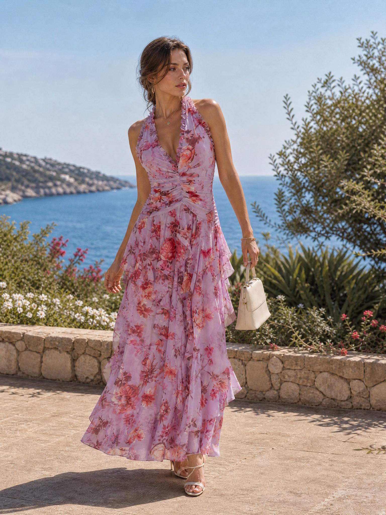Halter Neck Ruffled Floral Print Floor-Length Chiffon A-Line Gown