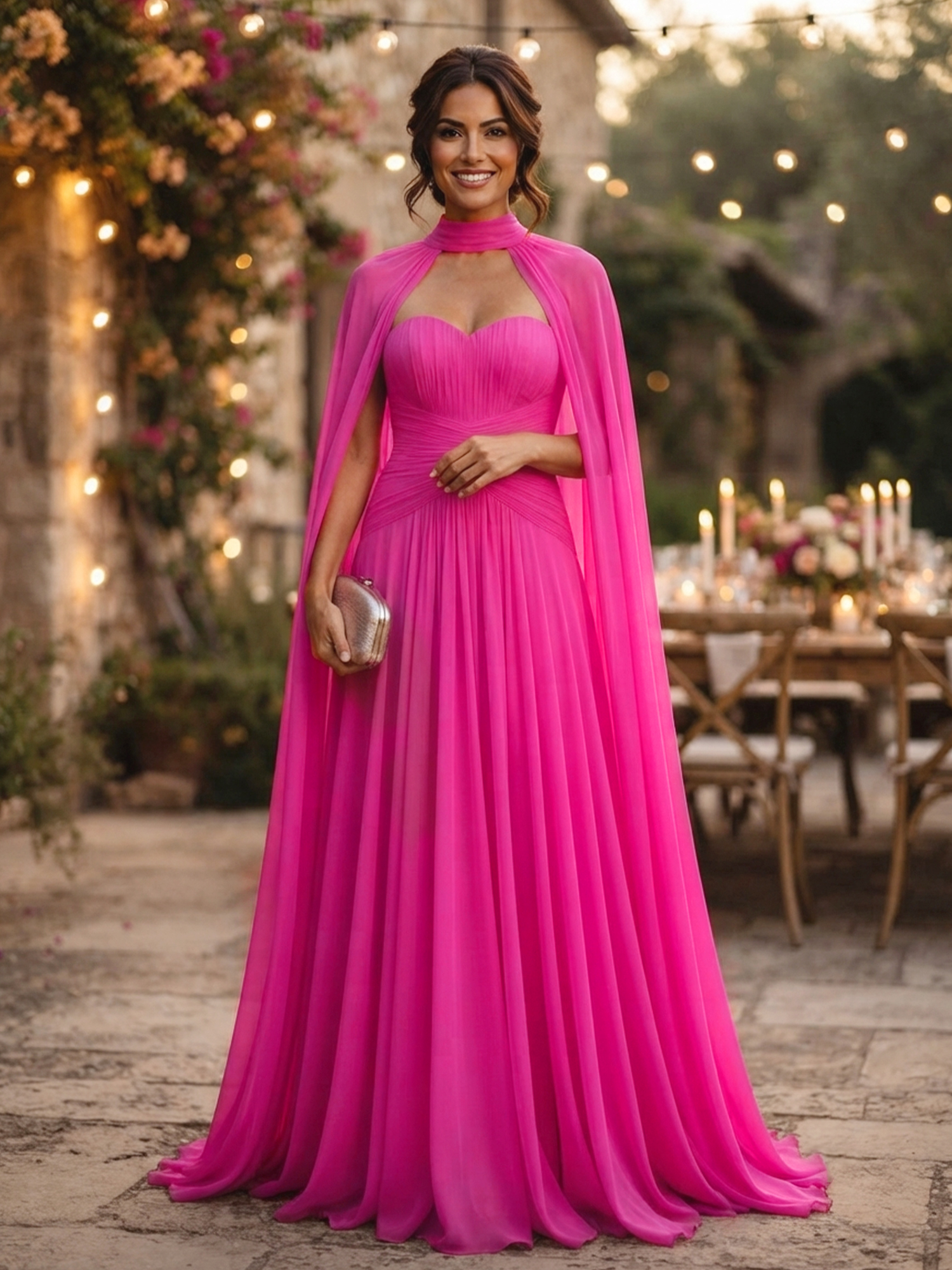 Fuchsia Strapless Sweetheart Cape Chiffon A‑Line Floor‑Length Evening Gown