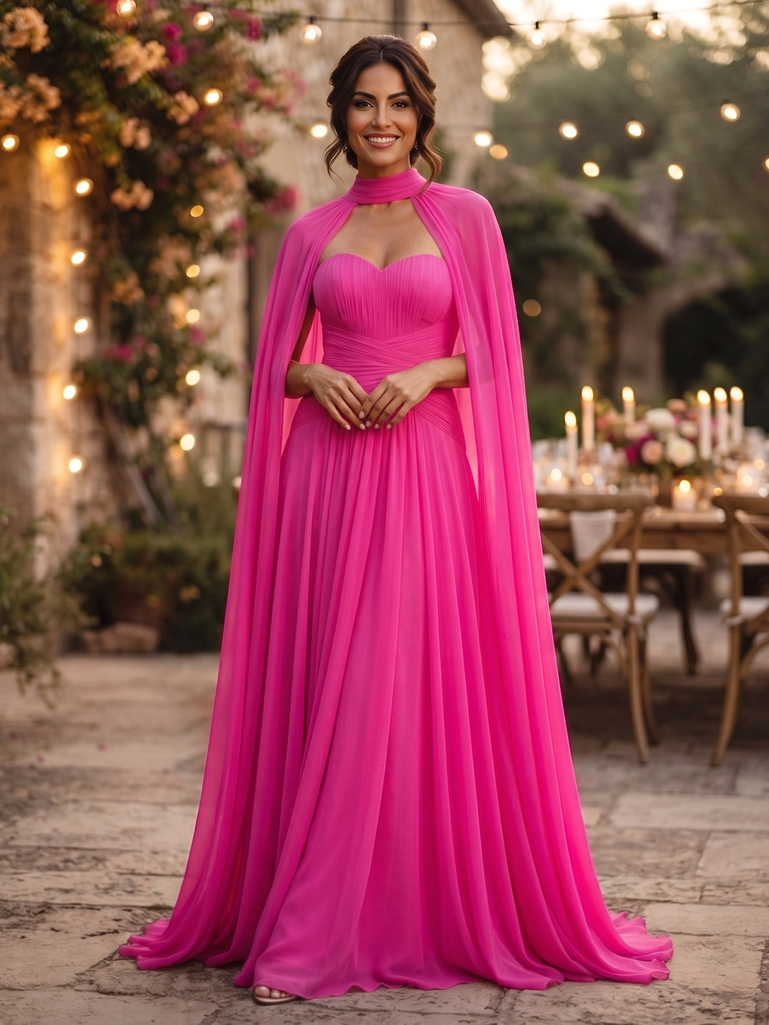 Fuchsia Strapless Sweetheart Cape Chiffon A‑Line Floor‑Length Evening Gown