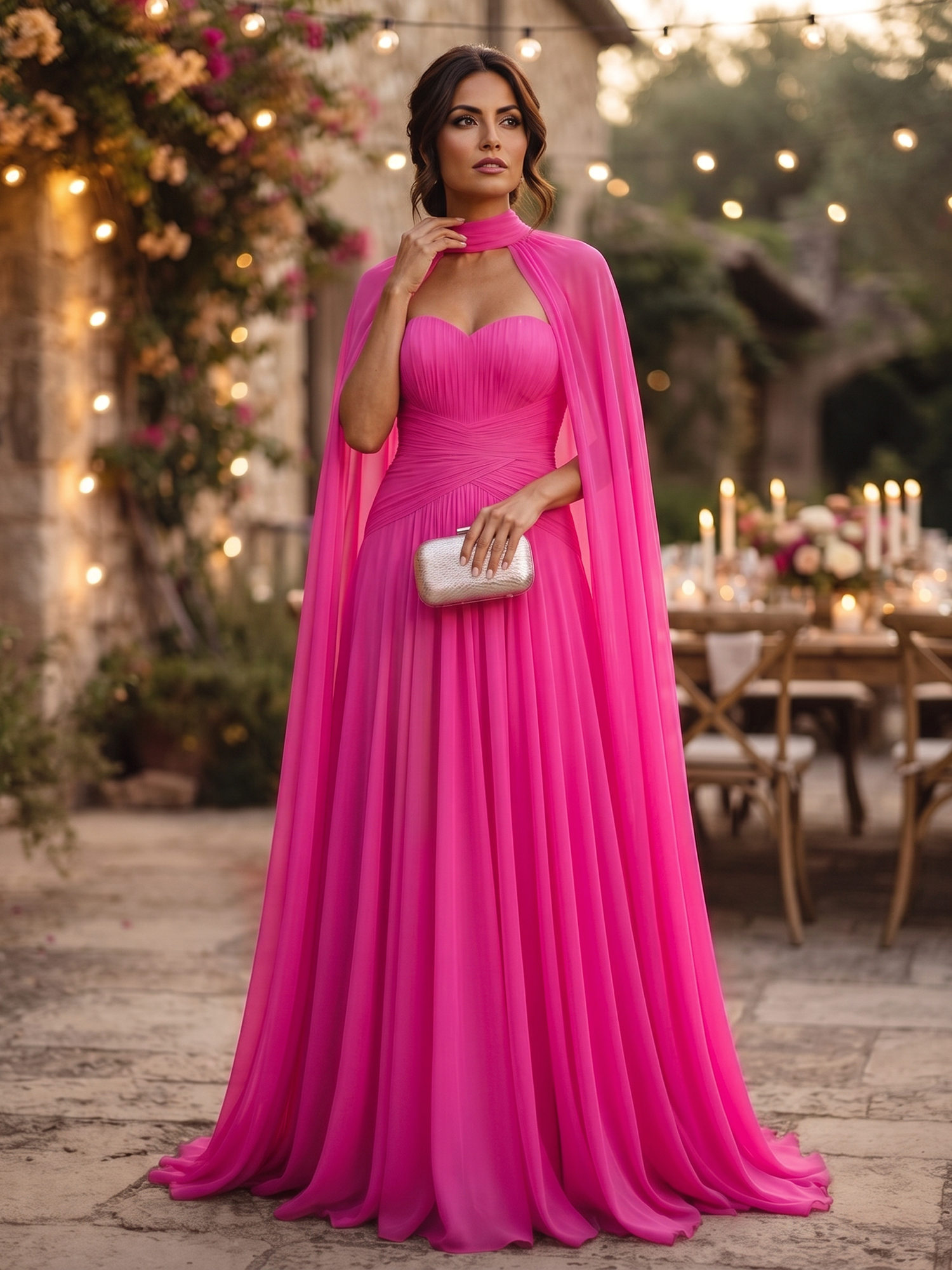 Fuchsia Strapless Sweetheart Cape Chiffon A‑Line Floor‑Length Evening Gown