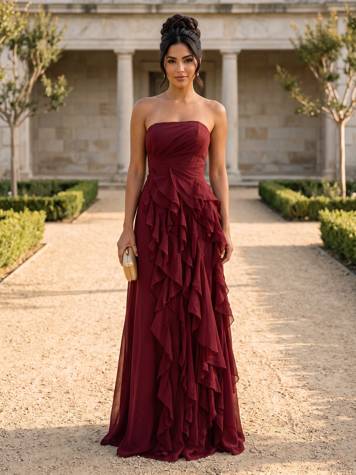 Burgundy Strapless Draped Cascading Ruffle Chiffon Floor‑Length Evening Gown