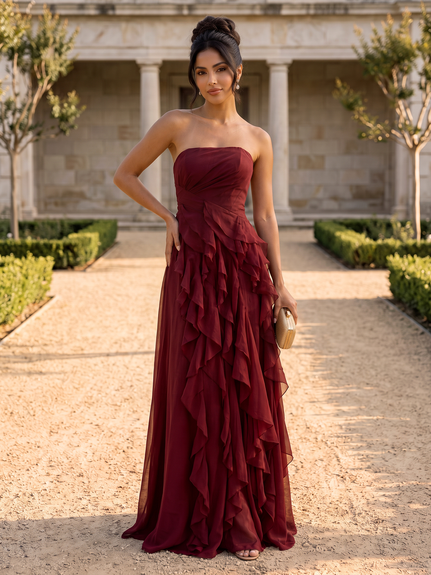 Burgundy Strapless Draped Cascading Ruffle Chiffon Floor‑Length Evening Gown