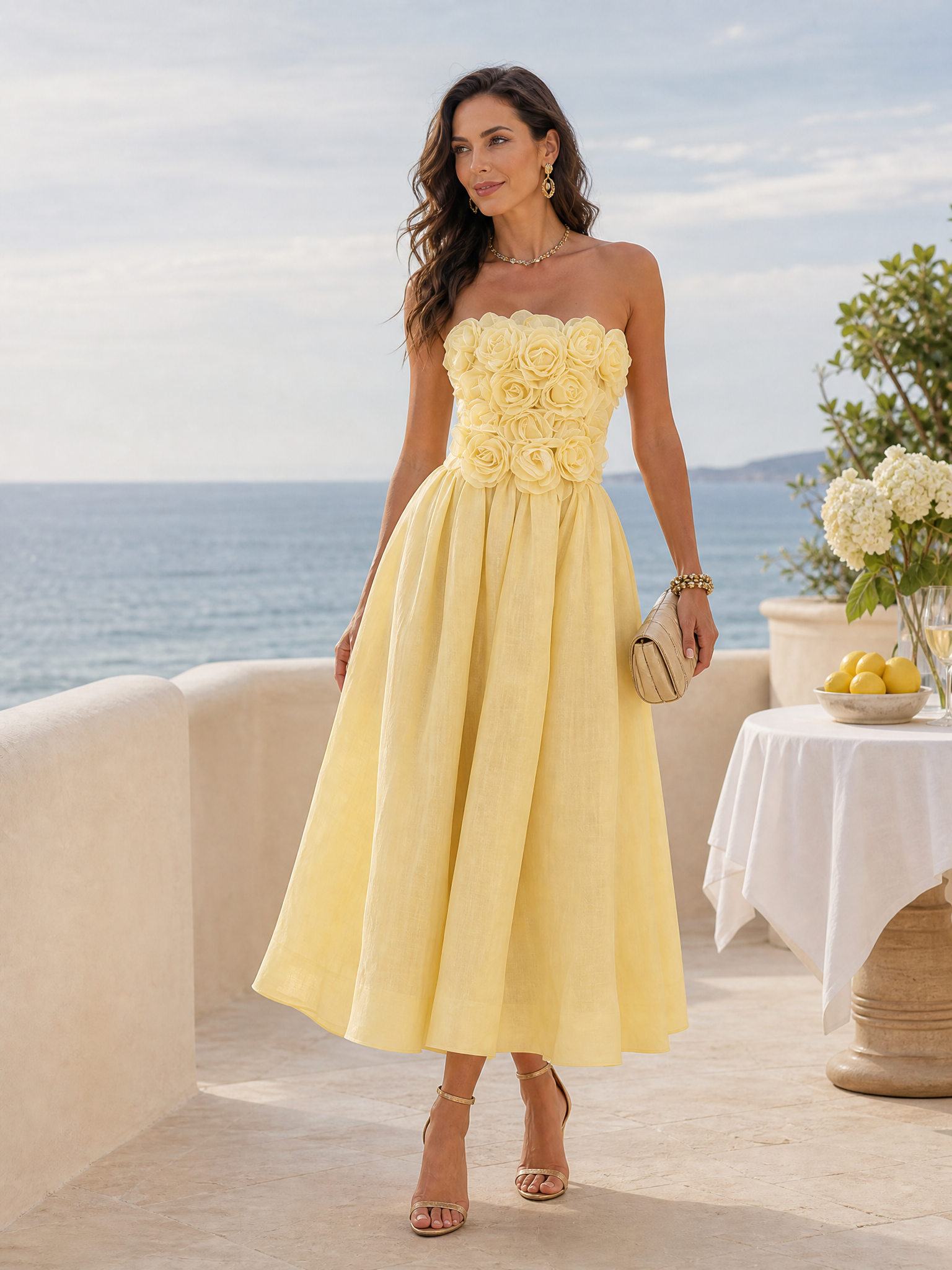 Yellow Strapless Floral Applique Midi Dress