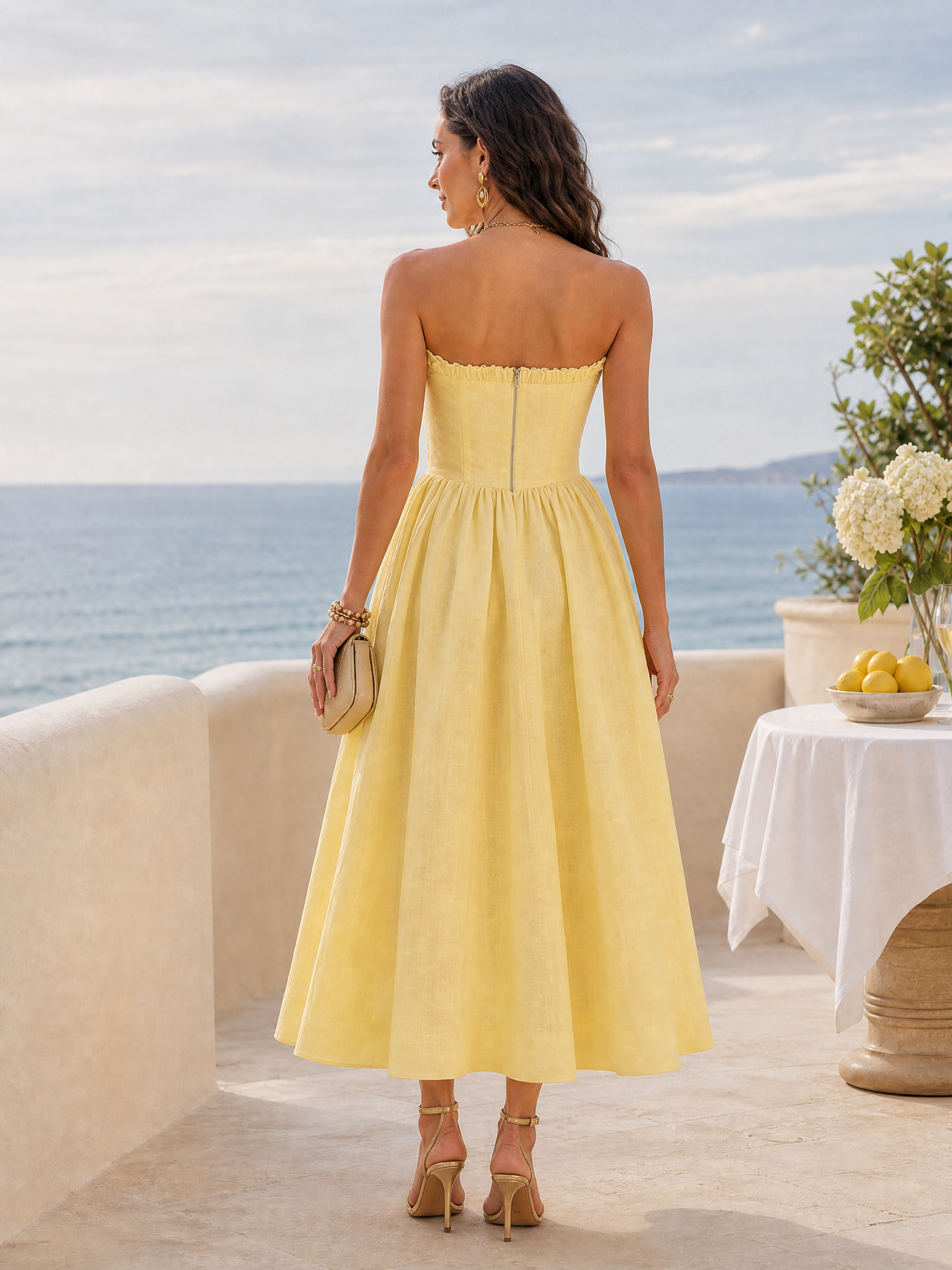 Yellow Strapless Floral Applique Midi Dress