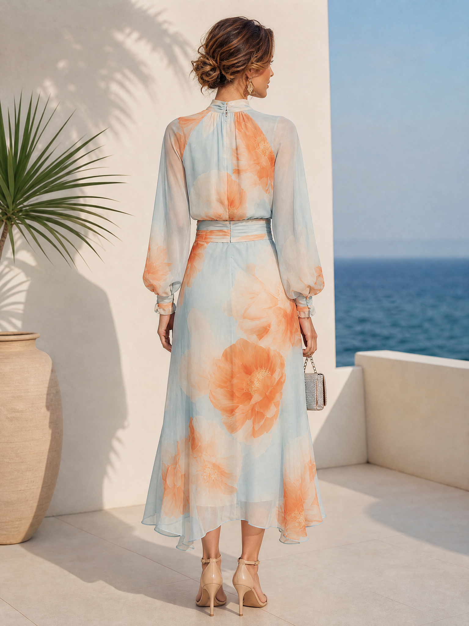 Light Blue Floral Mock Neck Long Sleeve Balloon Sleeve Romantic Top With Skirt Two-Piece Set