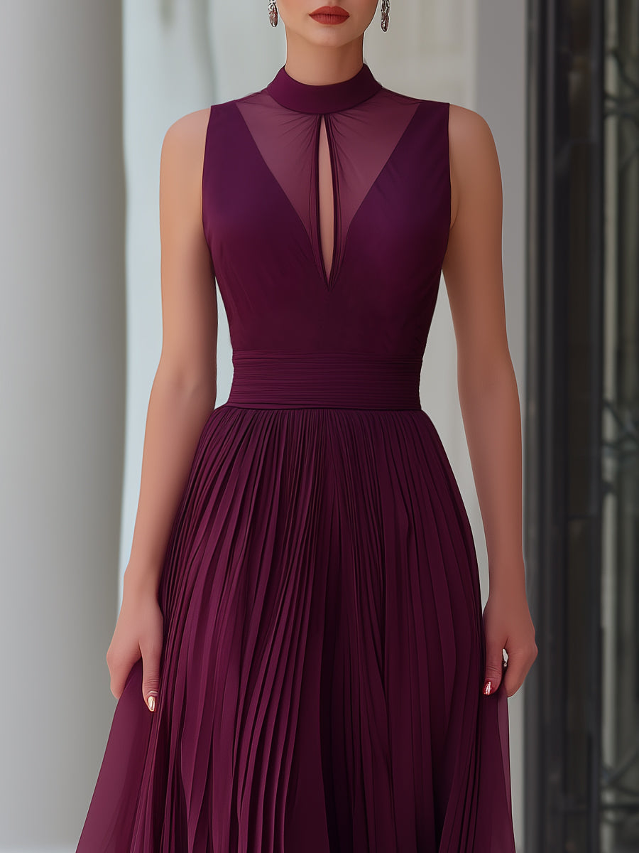 Illusion Neck Pleated Chiffon Maxi Dress
