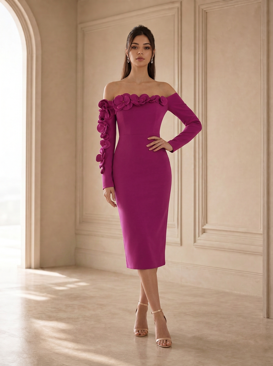 Off-the-Shoulder Navy Blue Crepe Evening Dresses with 3D Floral Applique Sleeve