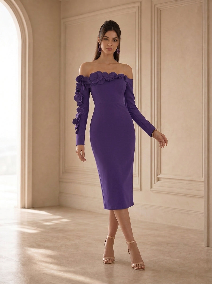 Off-the-Shoulder Navy Blue Crepe Evening Dresses with 3D Floral Applique Sleeve