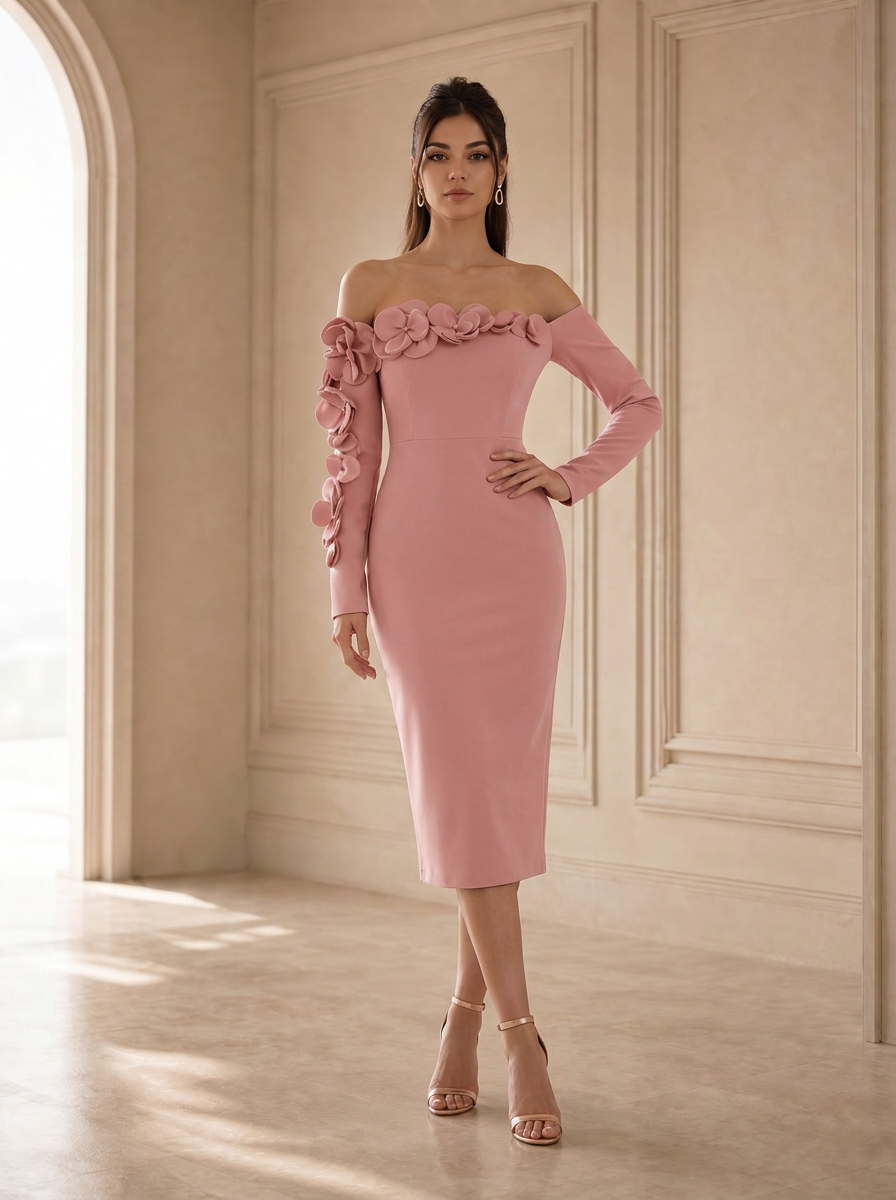Off-the-Shoulder Navy Blue Crepe Evening Dresses with 3D Floral Applique Sleeve