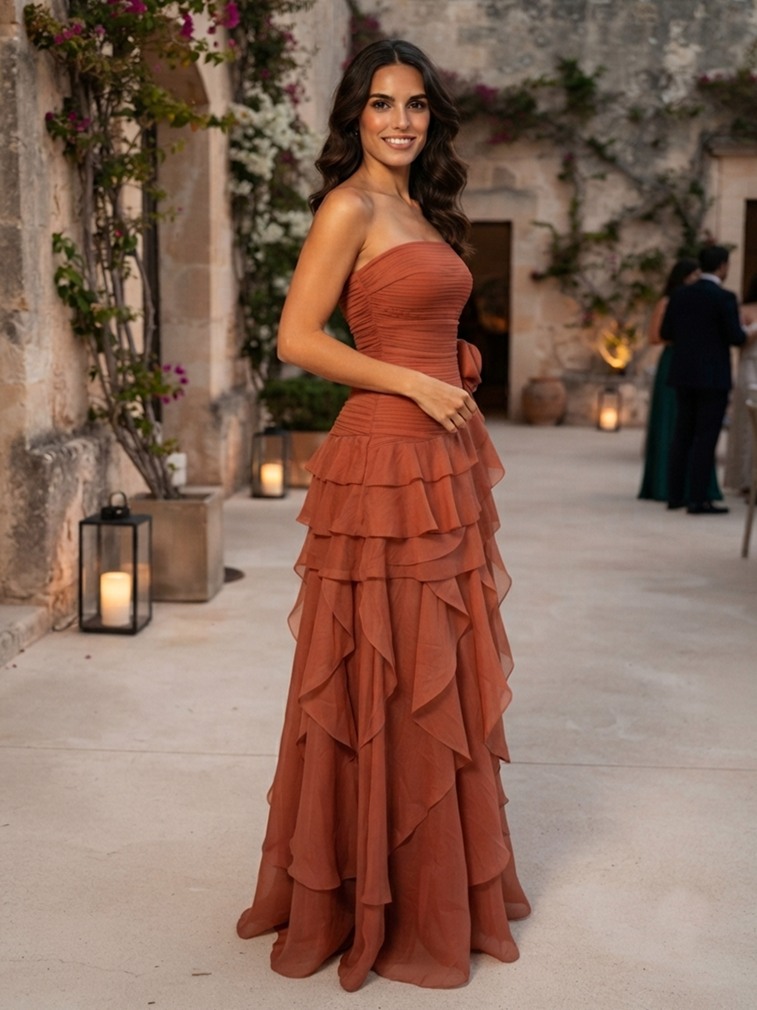 Terracotta Strapless Pleated Tiered Ruffle Chiffon Floor‑Length Evening Gown