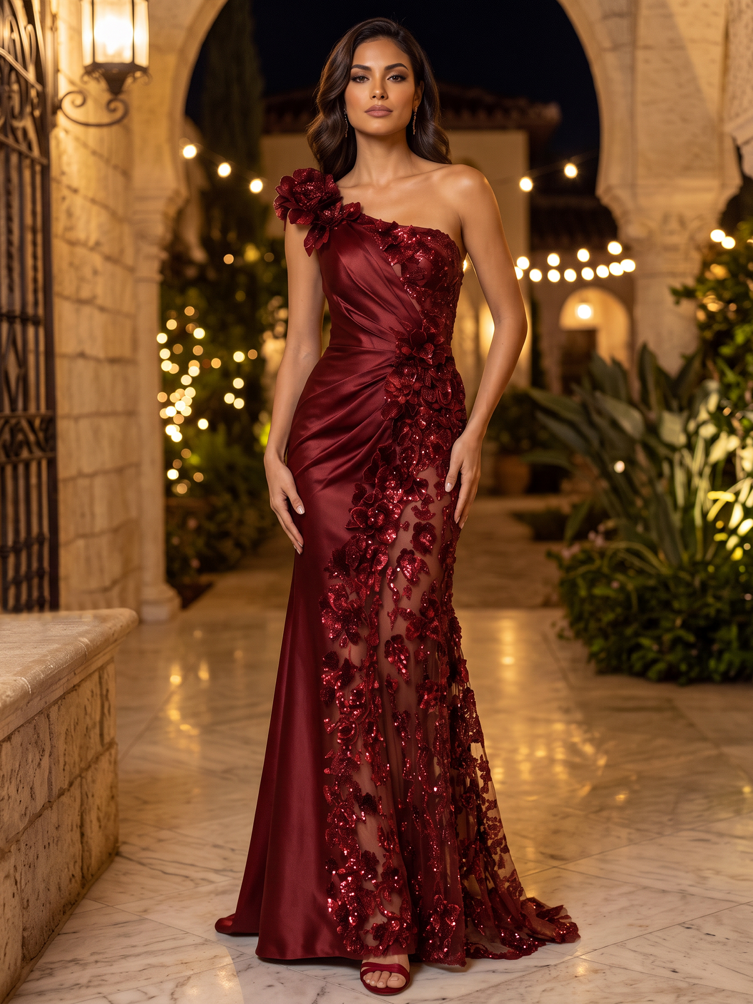 Burgundy One Shoulder Floral Mesh Mermaid Gown