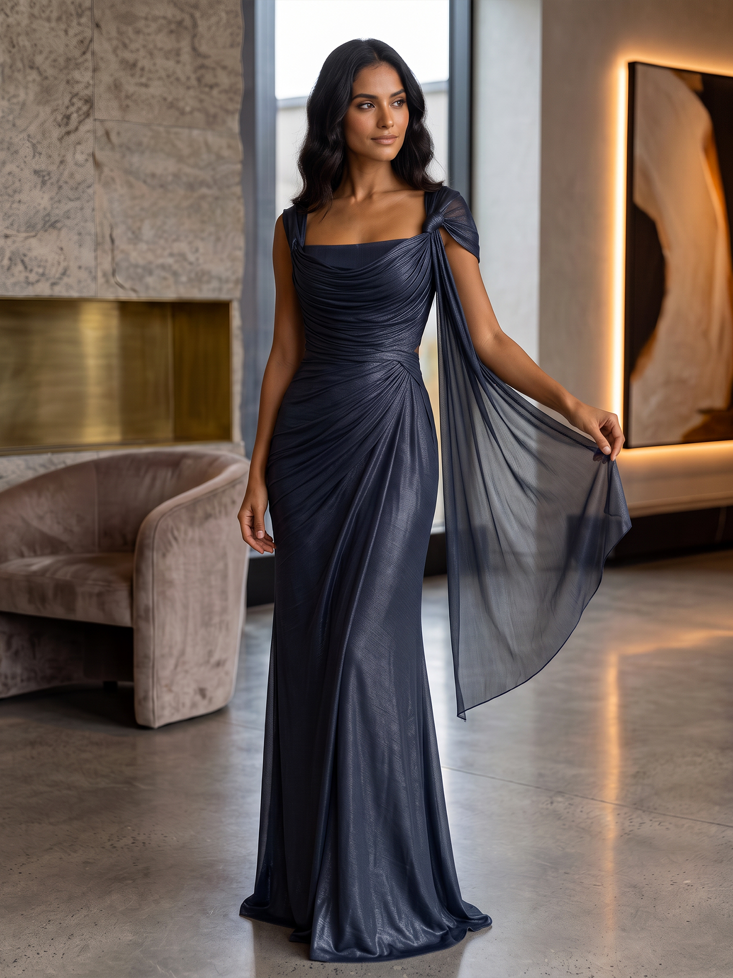 Navy Blue Draped Shoulder Sash Mermaid Formal Gown