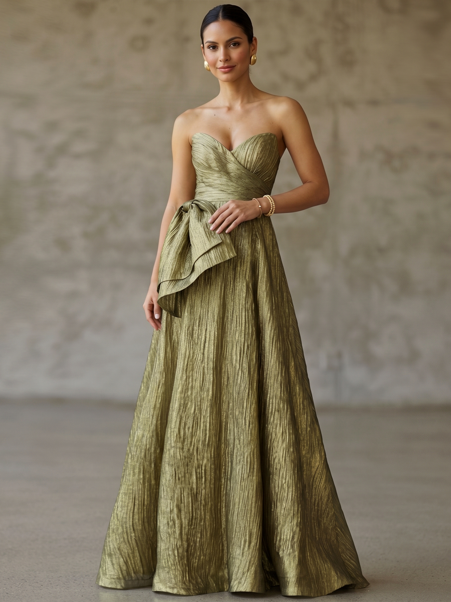 Olive Green Metallic Strapless Bow A-Line Formal Gown