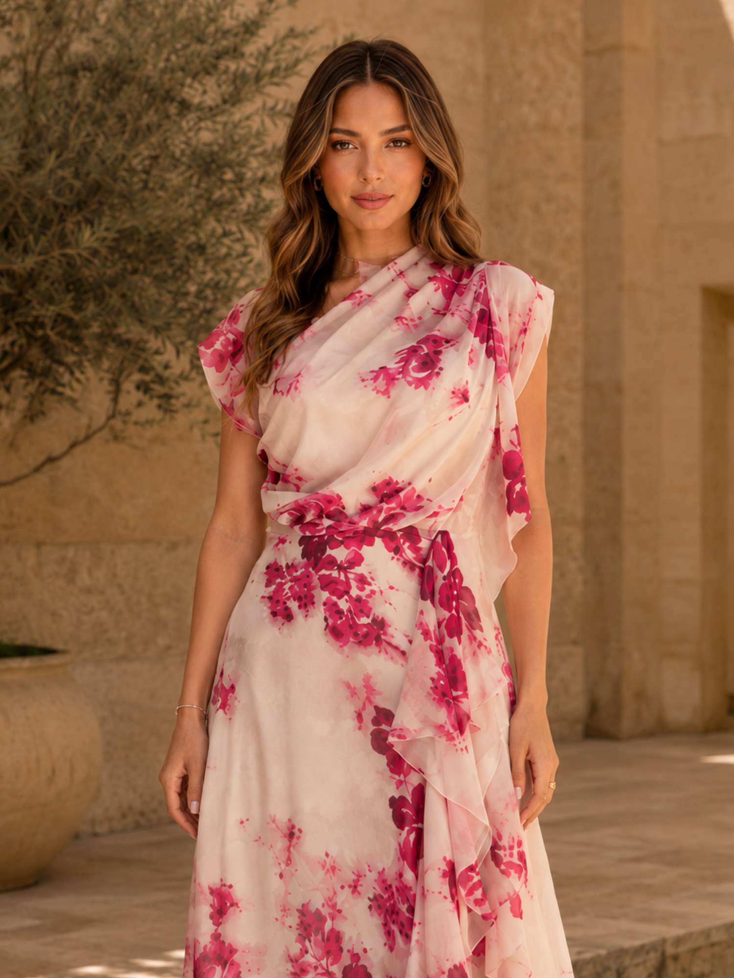 Fuchsia Floral Print Draped Chiffon A‑Line Maxi Evening Gown
