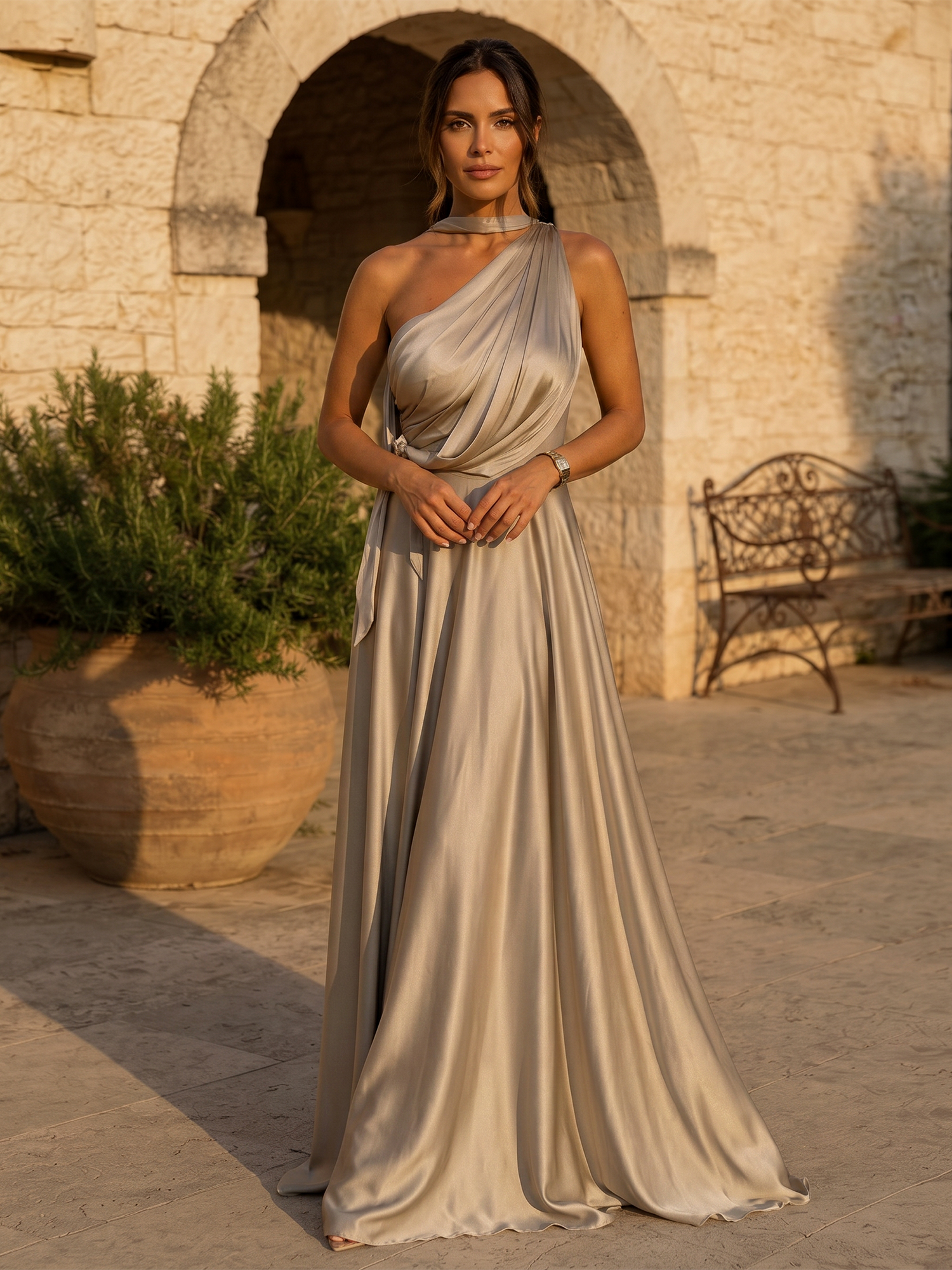 Taupe Satin Halter One‑Shoulder Draped A‑Line Floor‑Length Evening Gown