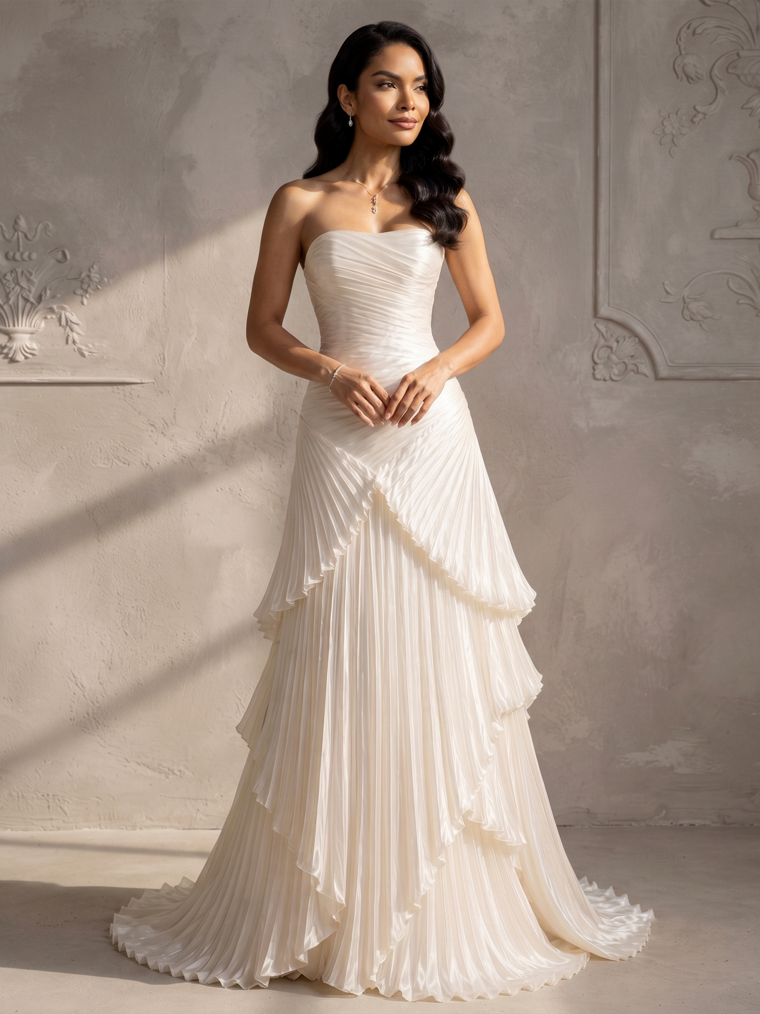 Ivory Strapless Pleated Tiered Ruffle Mermaid Wedding Gown