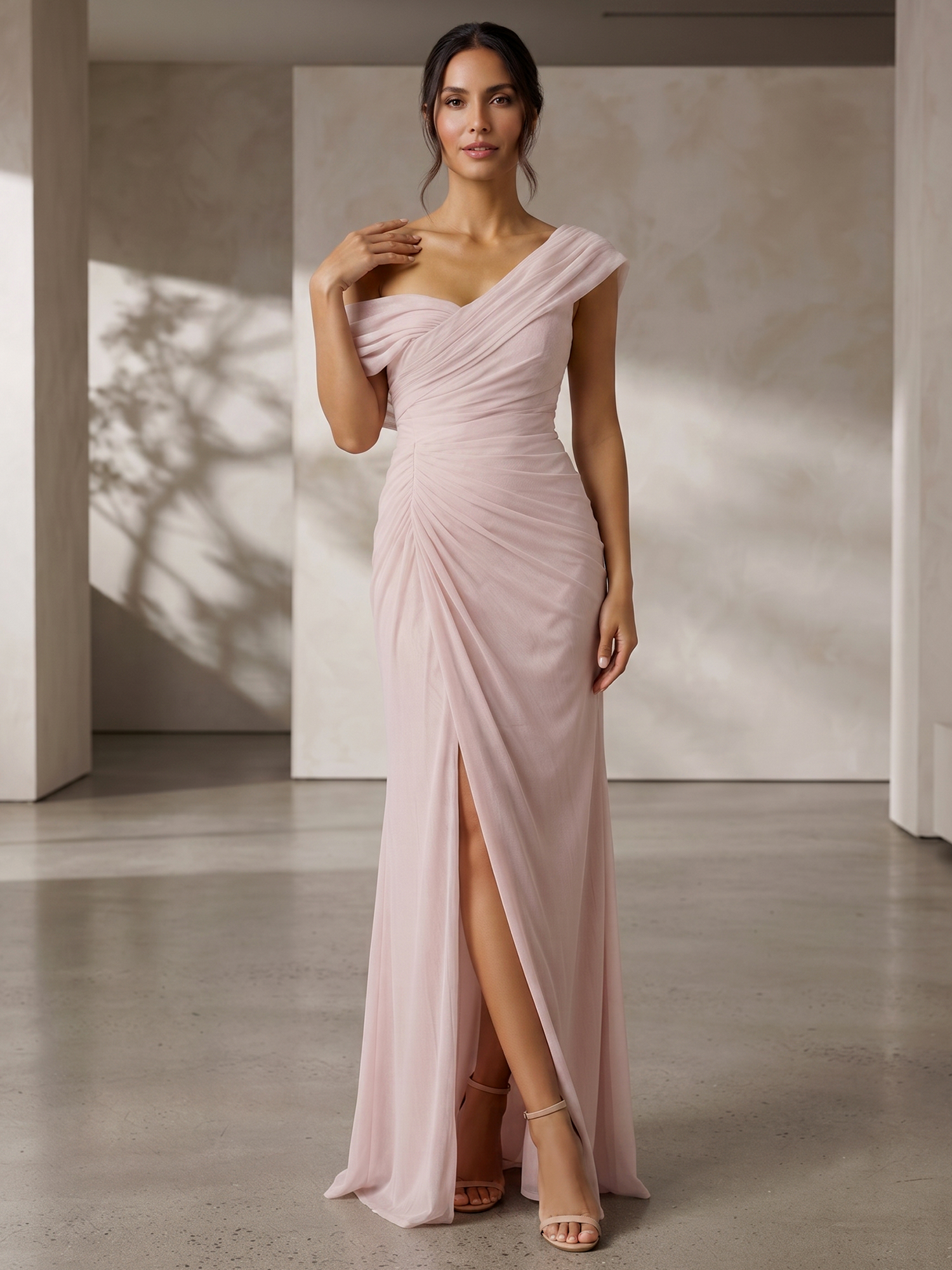 Blush Pink Off‑The‑Shoulder Draped Ruched High‑Slit Column Evening Gown