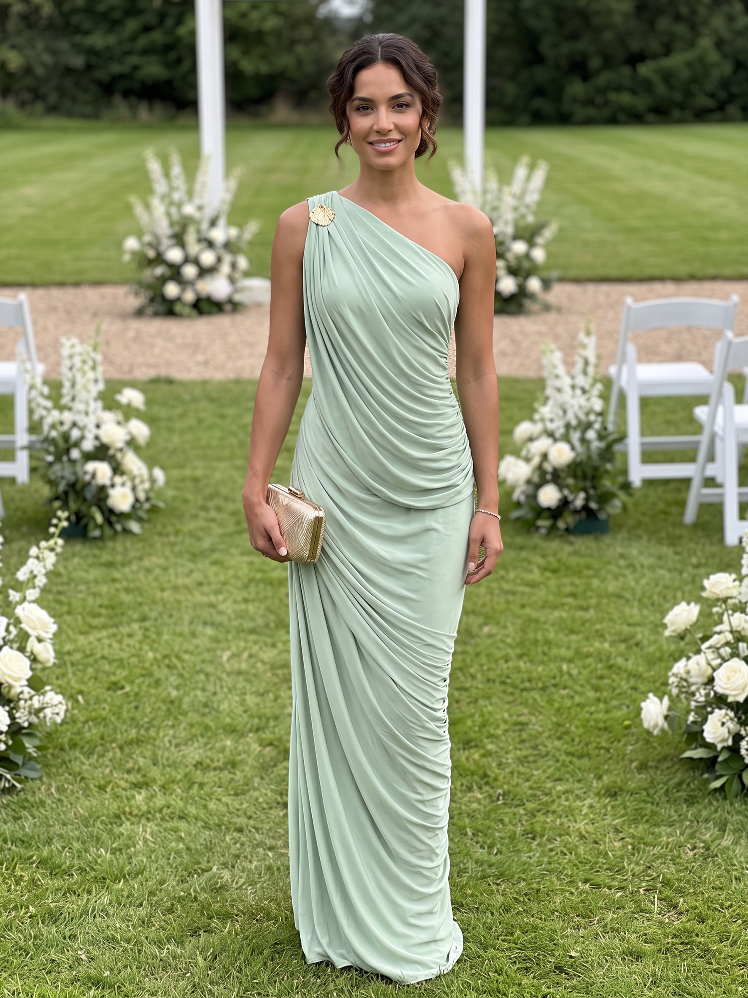 Sage Green One‑Shoulder Ruched Jersey Column Floor‑Length Evening Gown