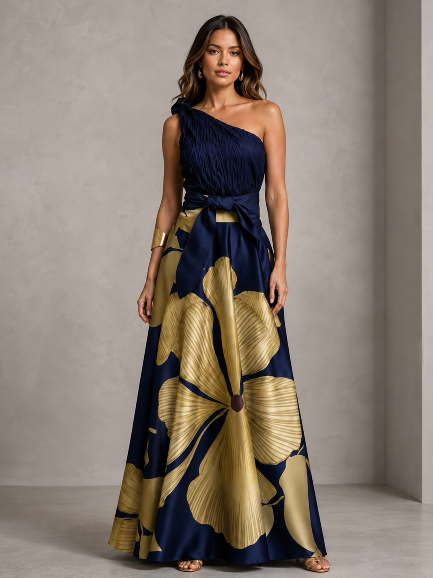 Navy Blue One Shoulder Ruched Bodice Gold Large Floral Print A-Line Maxi Gown