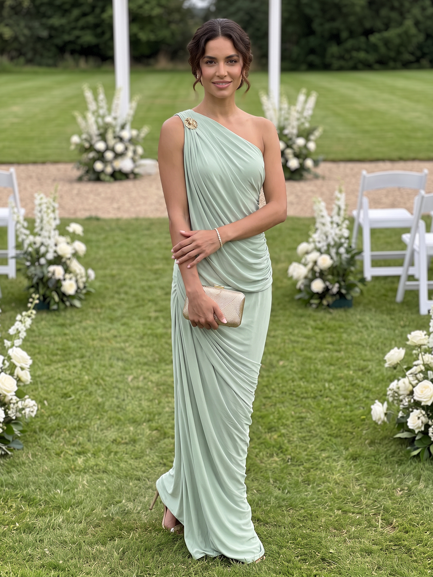 Sage Green One‑Shoulder Ruched Jersey Column Floor‑Length Evening Gown