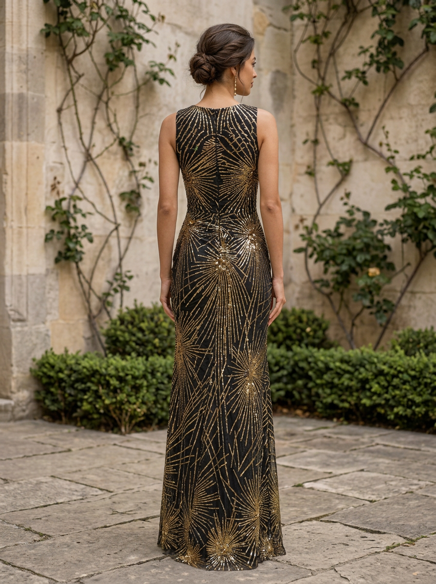 Gold-Black Sequin V Neck Sleeveless Sheath Gown Dress
