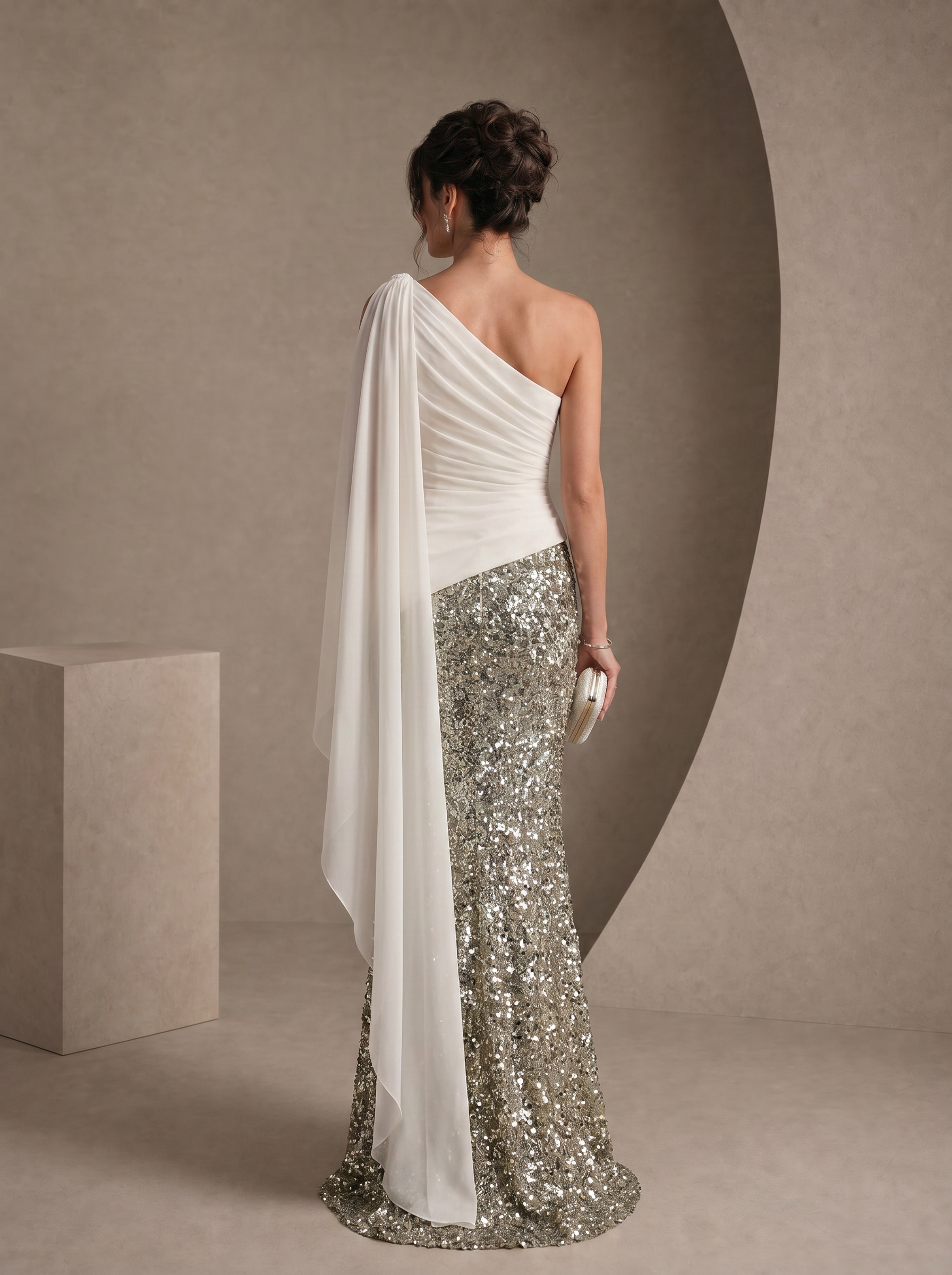White Chiffon One Shoulder Cape Sash Silver Sequin Mermaid Two Tone Evening Gown