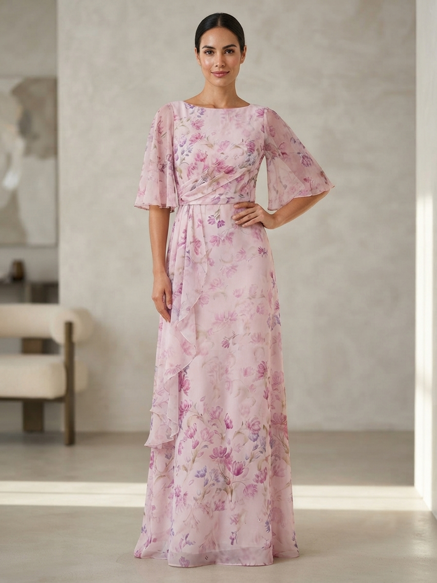 Blush Pink Bateau Neck Flutter Sleeve Floral Chiffon A-line Maxi Dress
