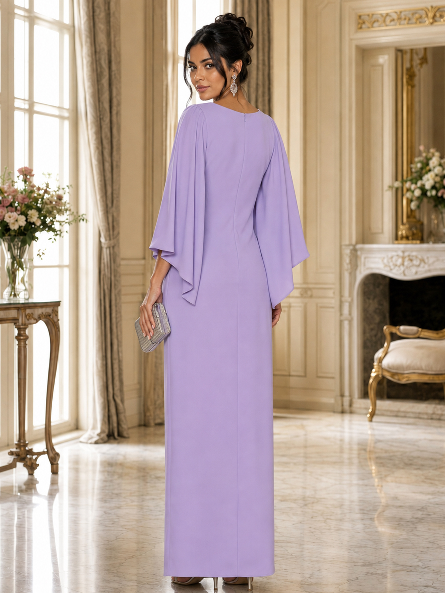 Lavender Jewel Neck Cape Flutter Sleeve Column Maxi Gown