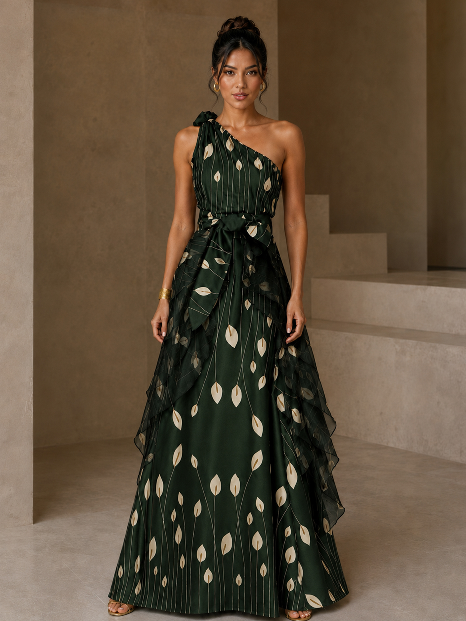 One‑Shoulder Printed Floor‑Length Evening Gown With Shoulder Bow and Tiered Ruffle Overlay