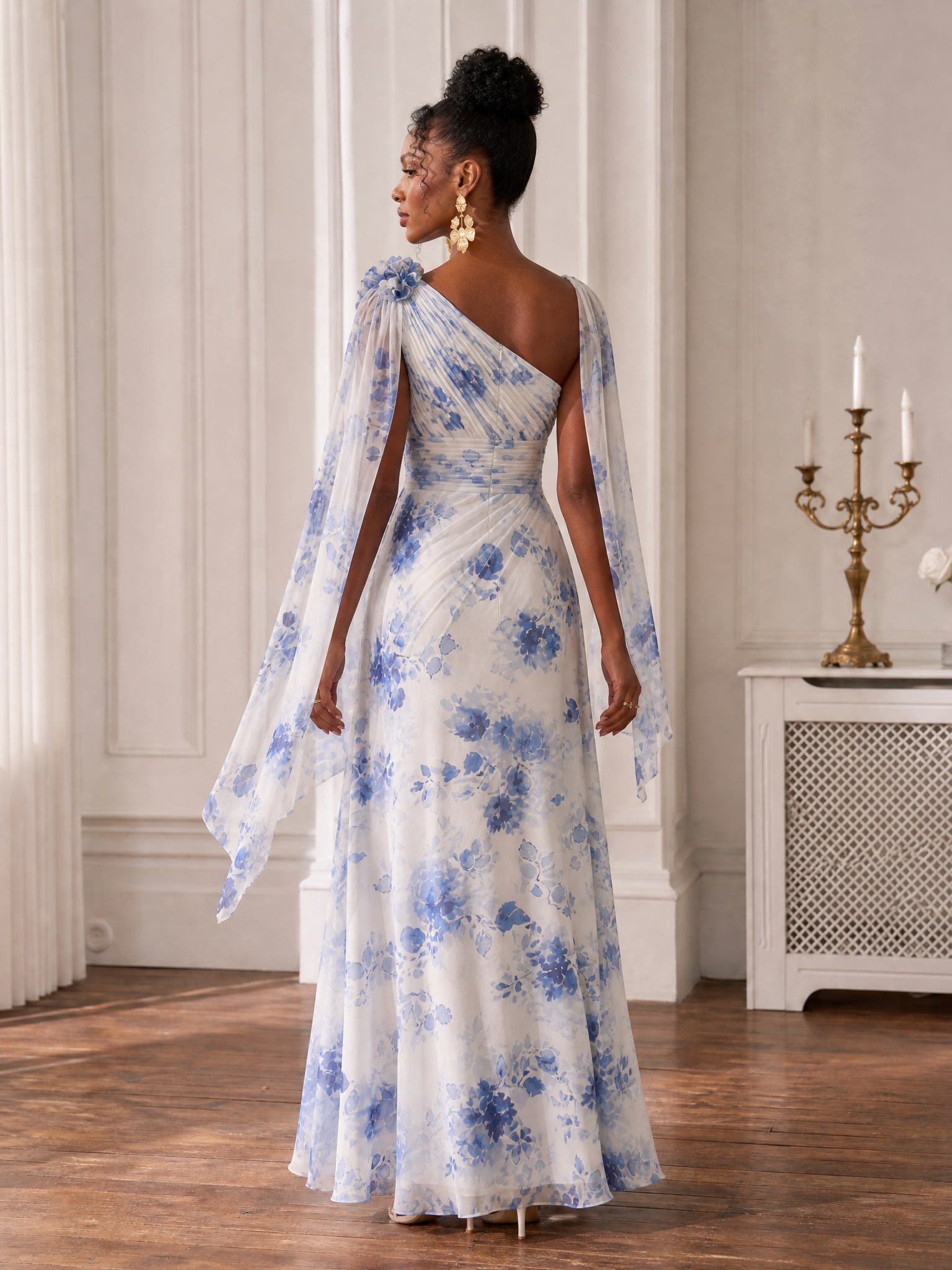 One-Shoulder Floral Print Floor-Length Chiffon A-Line Gown with Cape Sleeves