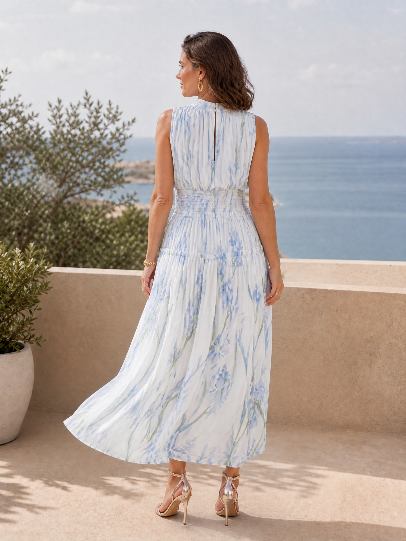 White Base Blue Floral Sleeveless Mock Neck Tiered Midi Dress