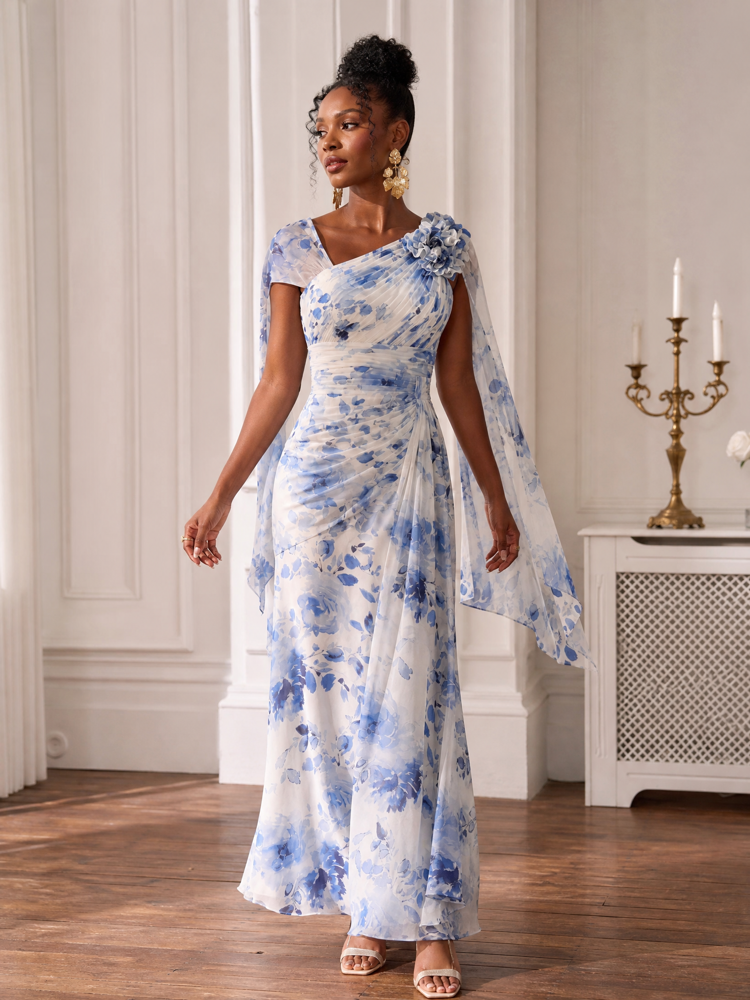 One-Shoulder Floral Print Floor-Length Chiffon A-Line Gown with Cape Sleeves