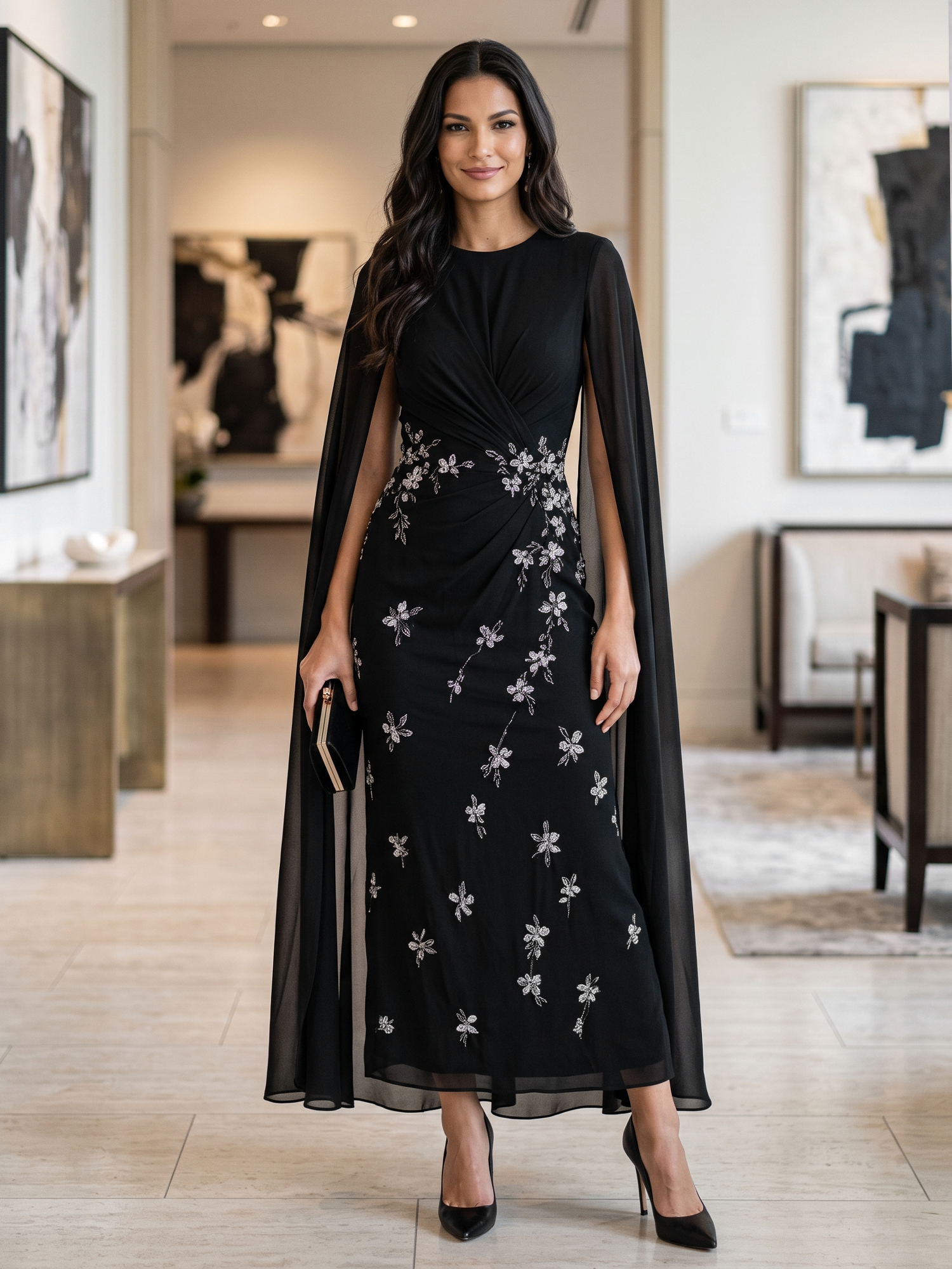 Black Cape Sleeve Twist Bodice Silver Floral Beaded Midi Evening Gown