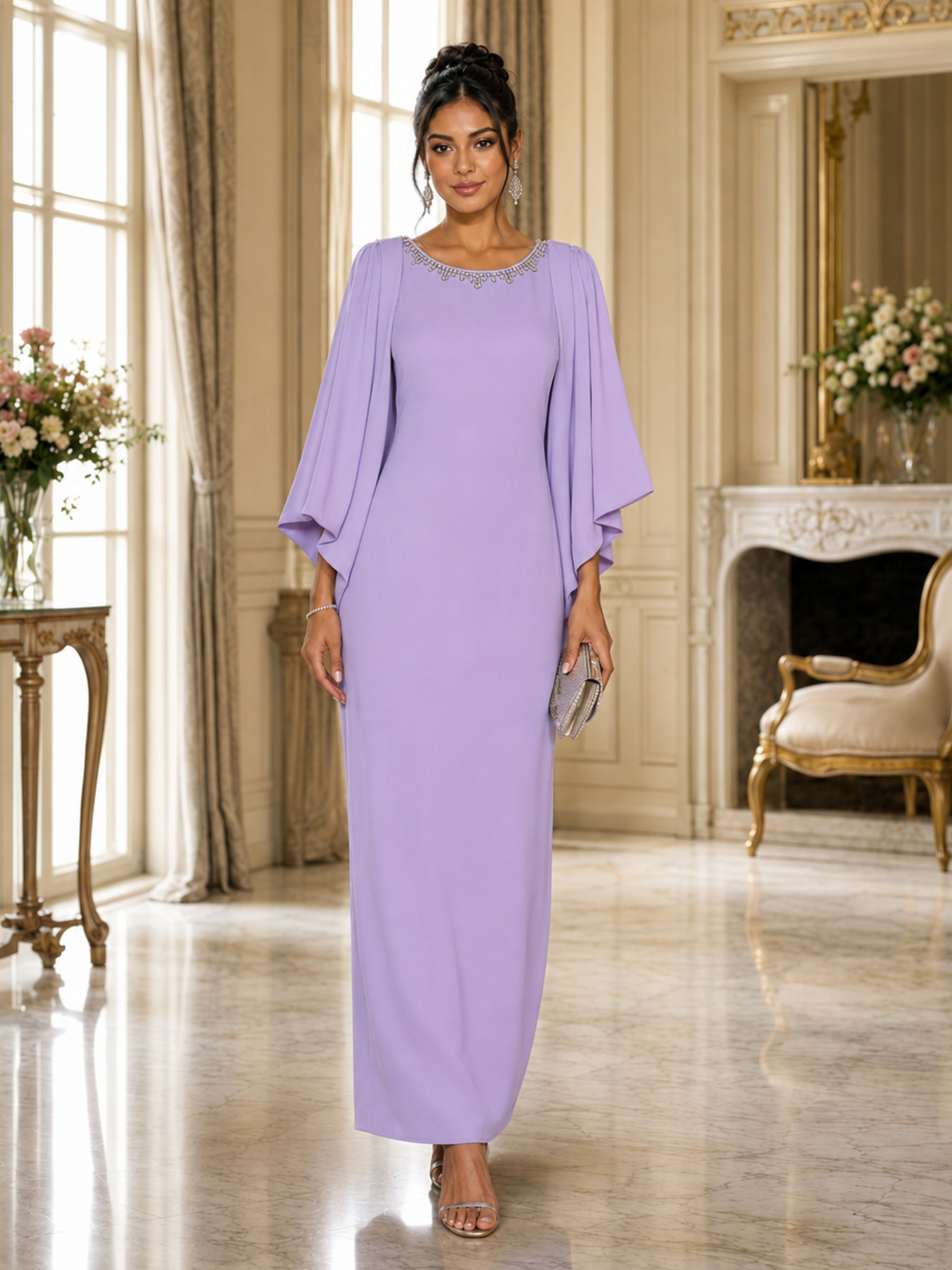 Lavender Jewel Neck Cape Flutter Sleeve Column Maxi Gown