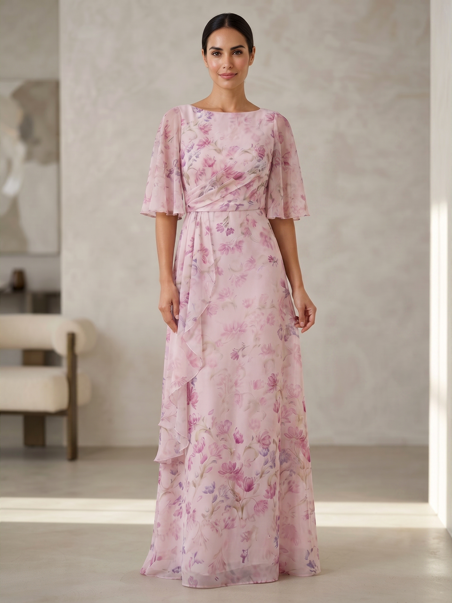 Blush Pink Bateau Neck Flutter Sleeve Floral Chiffon A-line Maxi Dress