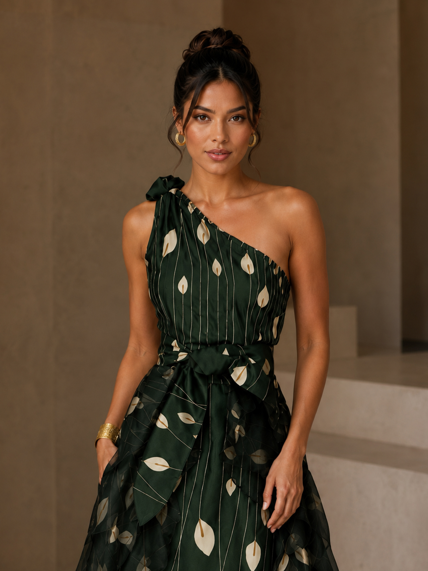 One‑Shoulder Printed Floor‑Length Evening Gown With Shoulder Bow and Tiered Ruffle Overlay