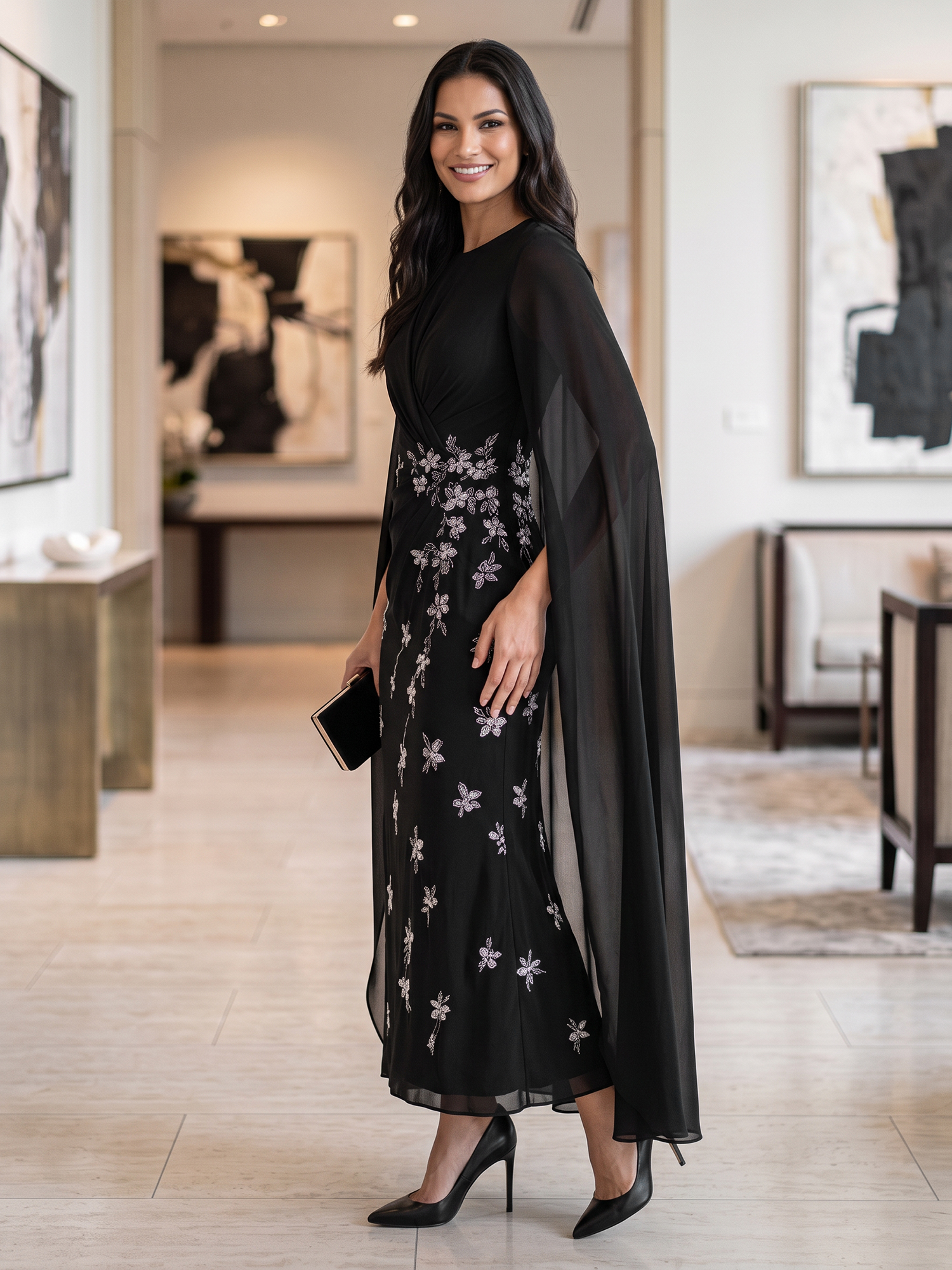 Black Cape Sleeve Twist Bodice Silver Floral Beaded Midi Evening Gown