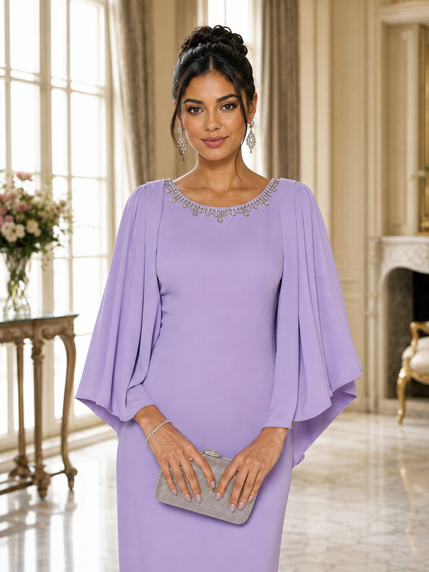 Lavender Jewel Neck Cape Flutter Sleeve Column Maxi Gown