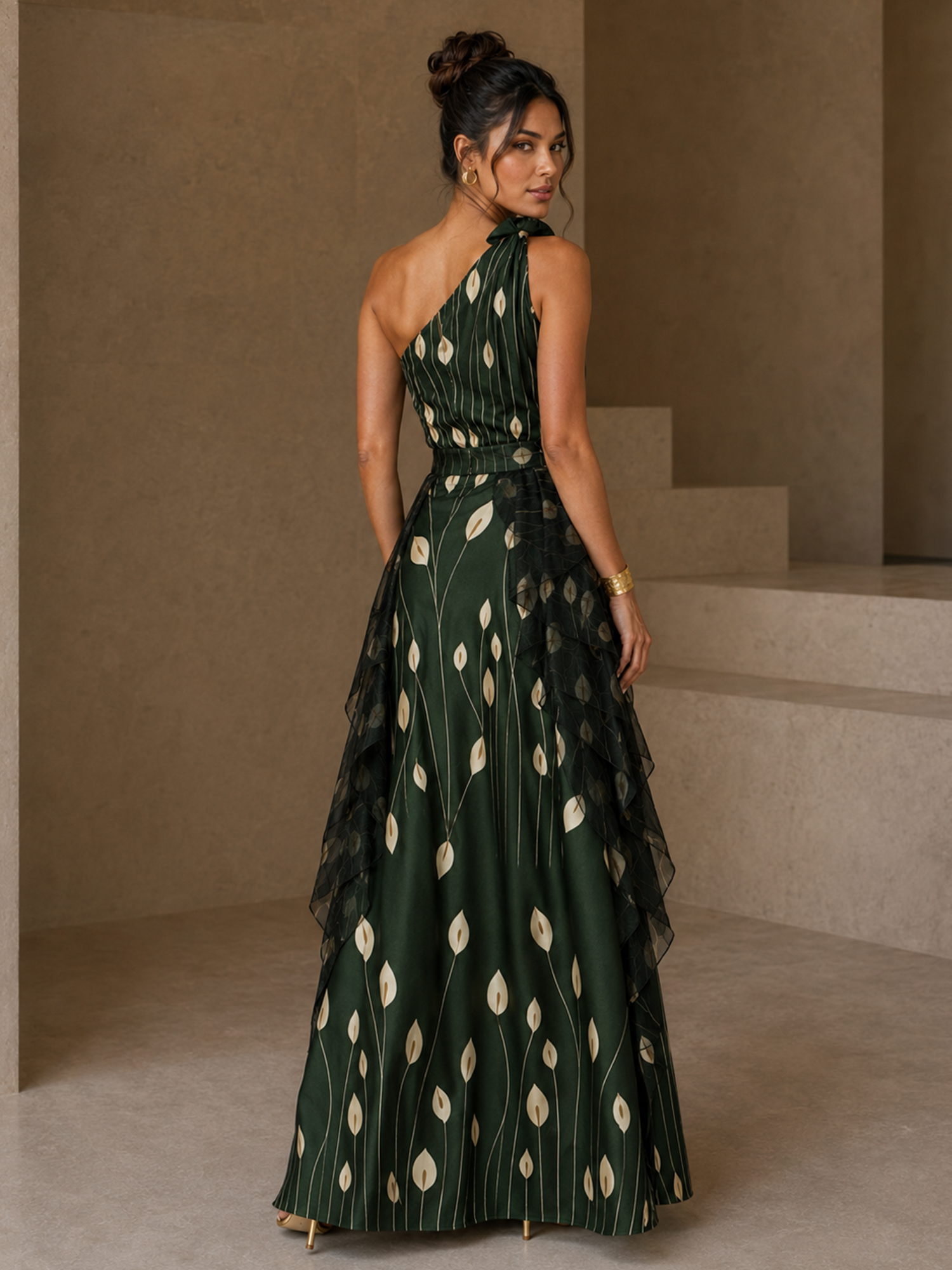 One‑Shoulder Printed Floor‑Length Evening Gown With Shoulder Bow and Tiered Ruffle Overlay