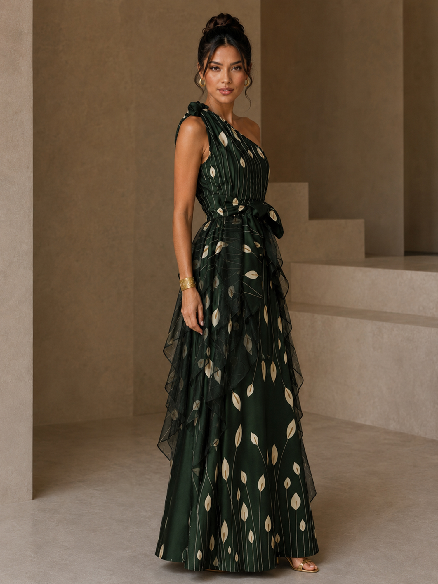 One‑Shoulder Printed Floor‑Length Evening Gown With Shoulder Bow and Tiered Ruffle Overlay
