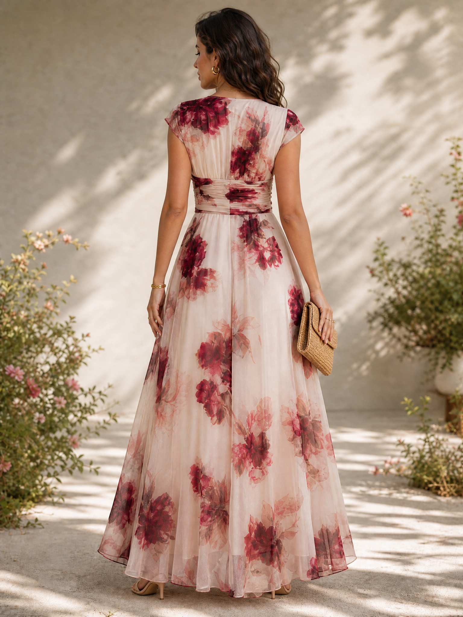 V-Neck Cap Sleeve Floral Print Floor-Length Chiffon A-Line Gown