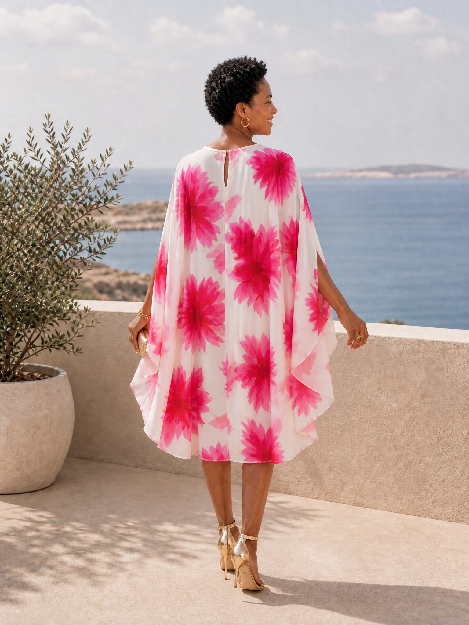 White Base Magenta Large Floral Print Cape Sleeve Loose Midi Dress