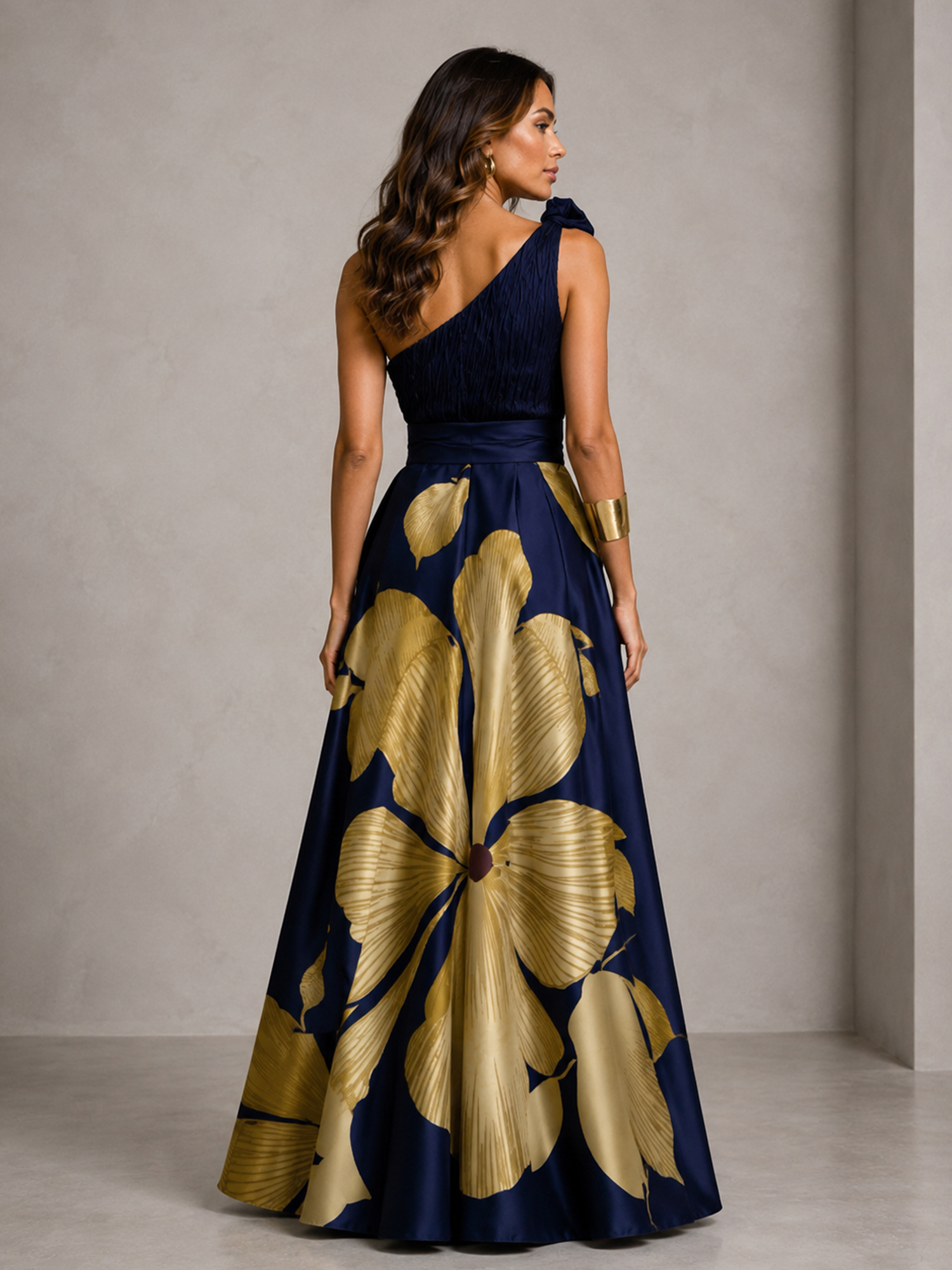 Navy Blue One Shoulder Ruched Bodice Gold Large Floral Print A-Line Maxi Gown