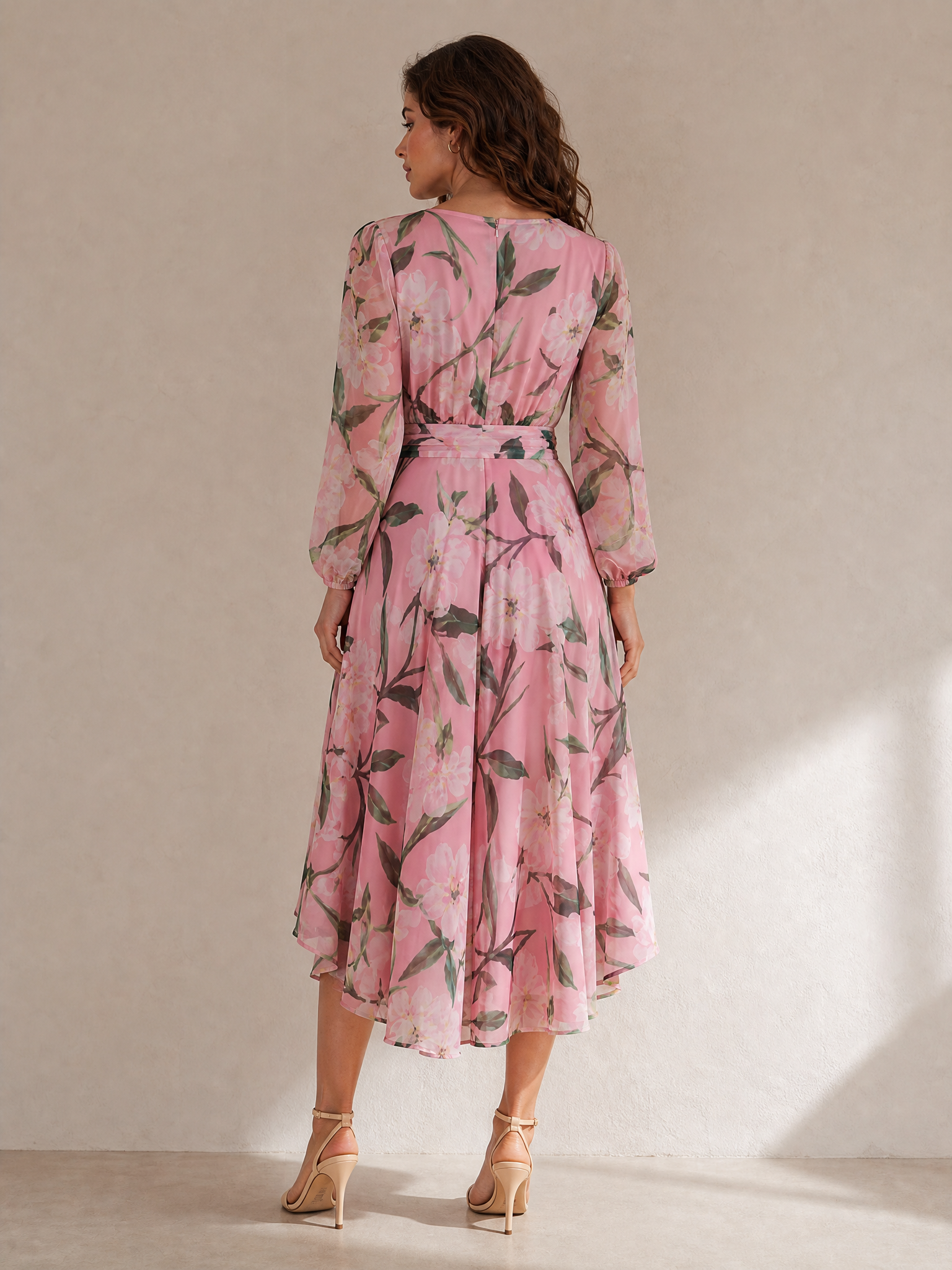 V-Neck Long Sleeve Floral Print High-Low Chiffon A-Line Midi Dress
