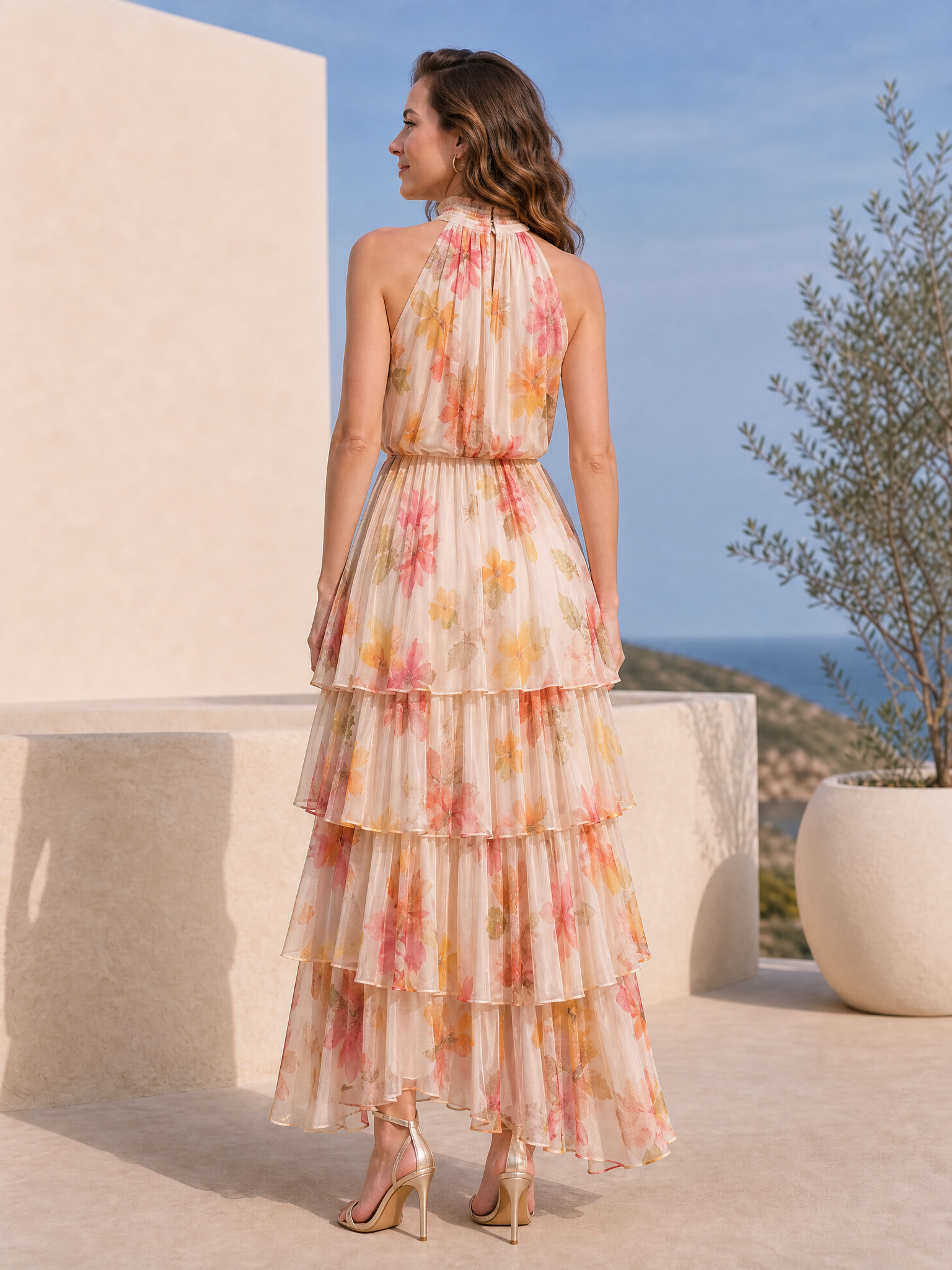 Light Beige Warm Watercolor Floral Halter Sleeveless Tiered Midi Dress