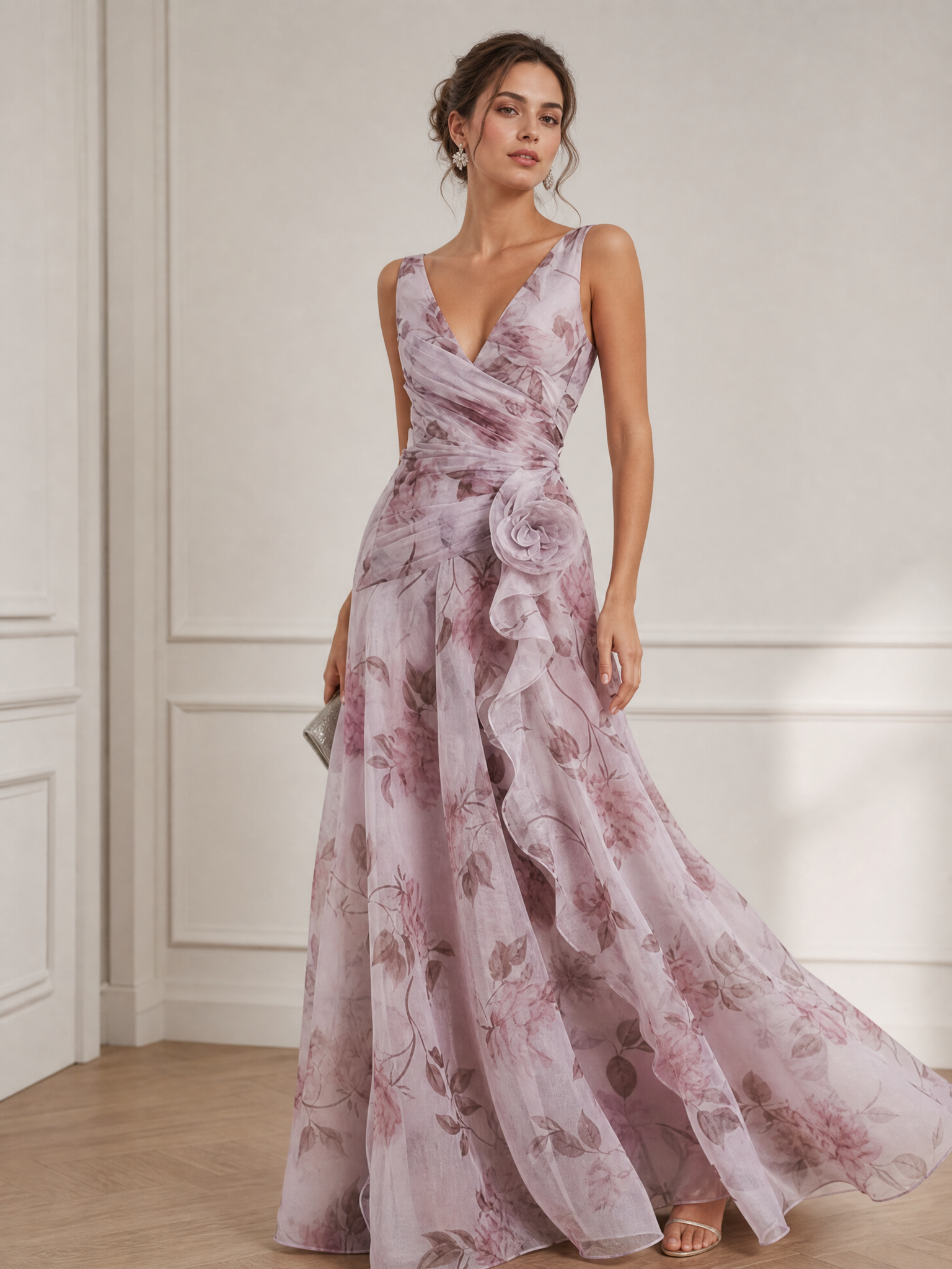 V-Neck Sleeveless Floral Print Floor-Length Chiffon A-Line Gown with Ruffle and Rosette Accent