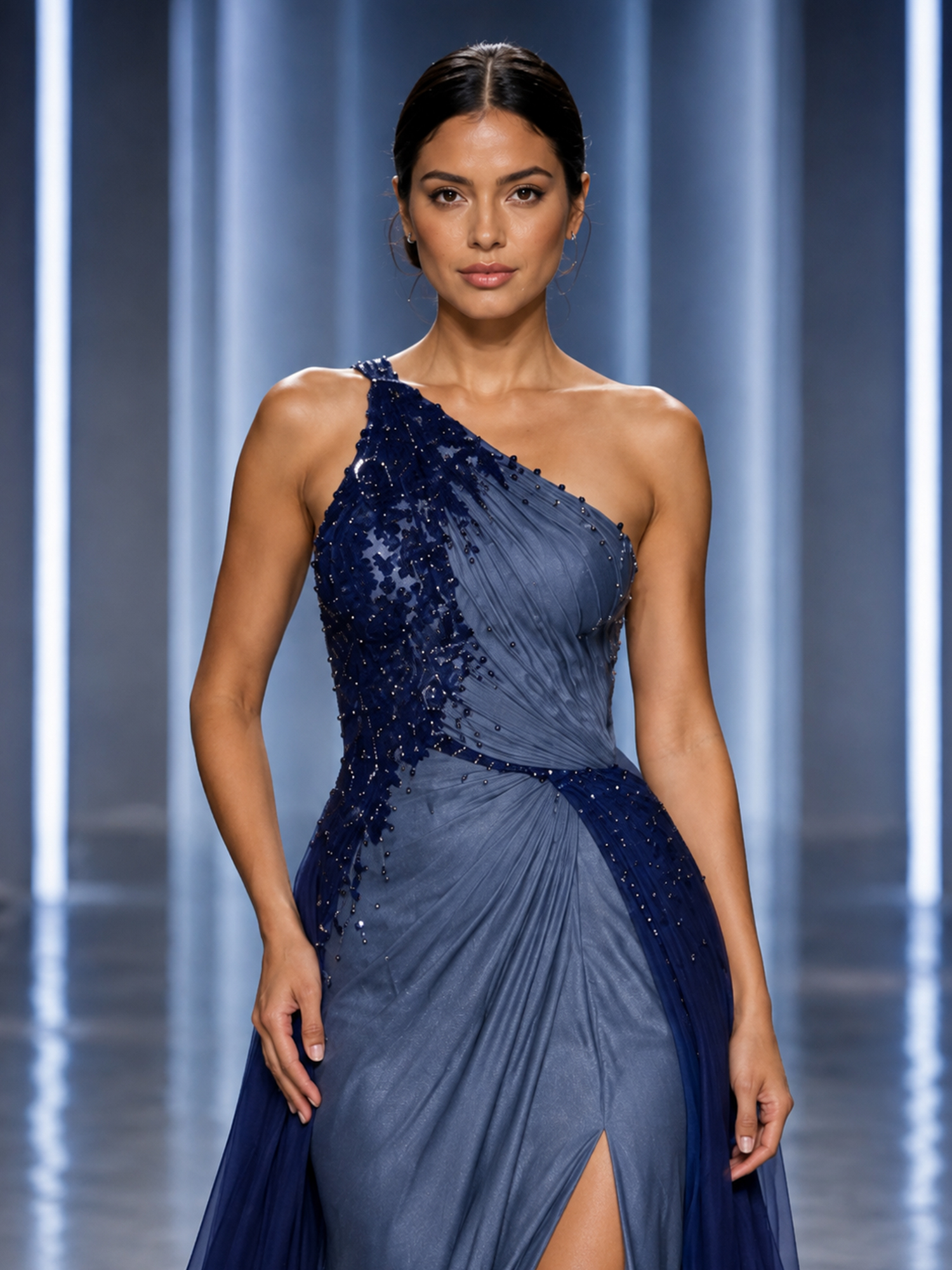 Two‑Tone Navy One‑Shoulder Beaded Appliqué Overskirt High‑Slit Evening Gown