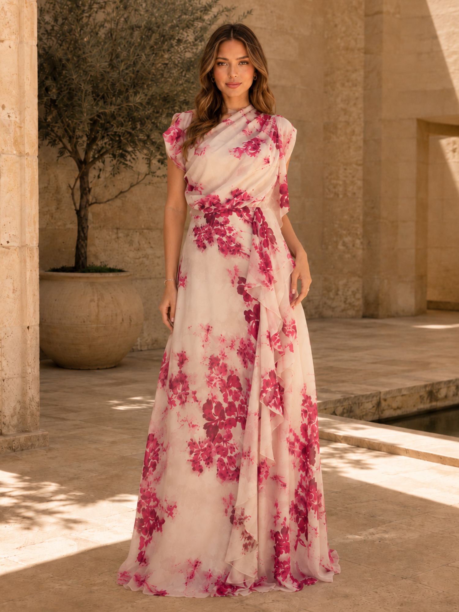 Fuchsia Floral Print Draped Chiffon A‑Line Maxi Evening Gown