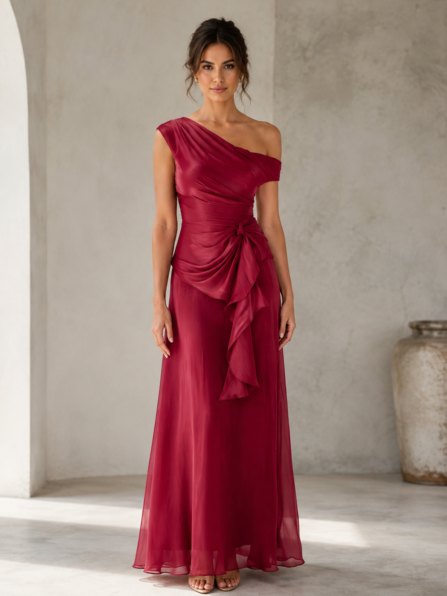 Asymmetric One‑Shoulder Draped Chiffon Floor‑Length Evening Gown With Waist Knot Ruffle Detail